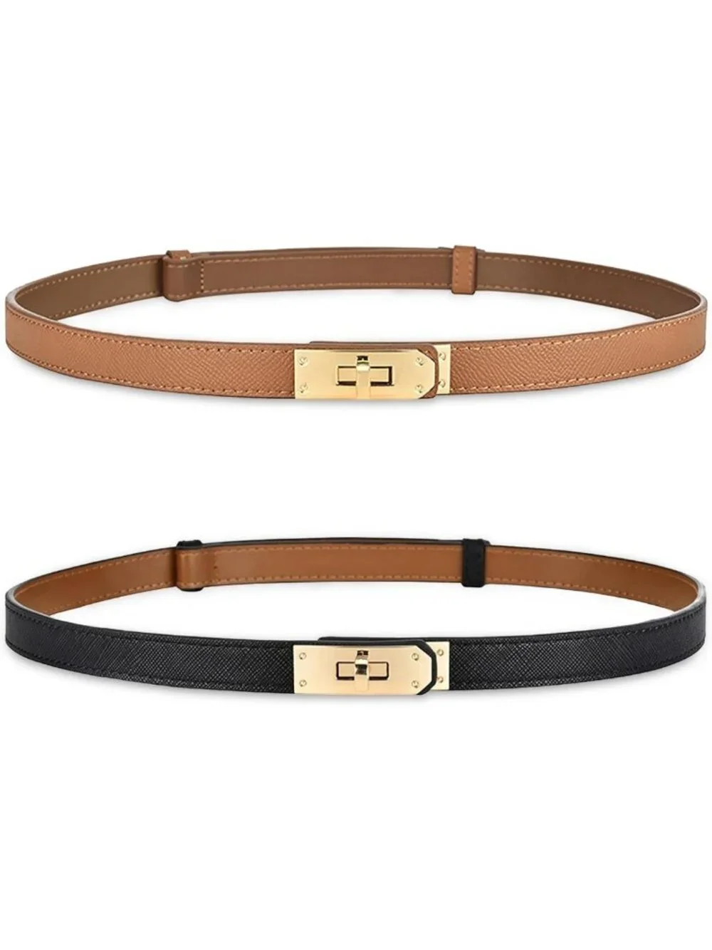 Women's Adjustable Skinny Leather Belt with Gold Turn-Lock Buckle for Dresses